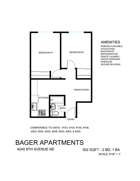 Floor plan for 2 beds, 1 bath, 505 sqft